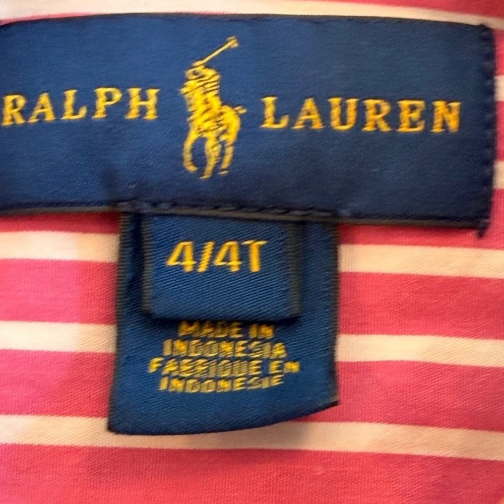 Ralph Lauren Kids Pink White Striped Button Down Shirt Cotton Size 4T Pony Logo